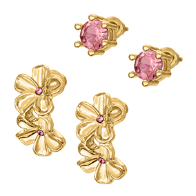 Kullanvärinen korvakorusetti, kukat ja pinkki kivi