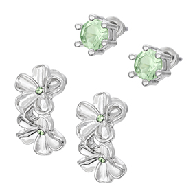 Hopeanvärinen korvakorusetti, kukat ja vihreä kivi